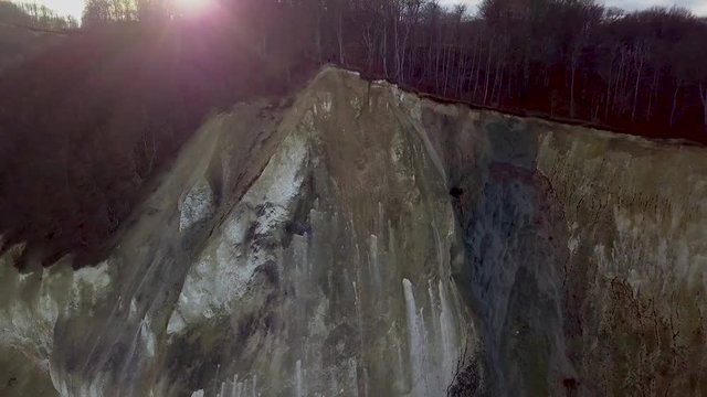 Drone Flying Backwards Revealing White Cliffs of Mons Klint in Denmark