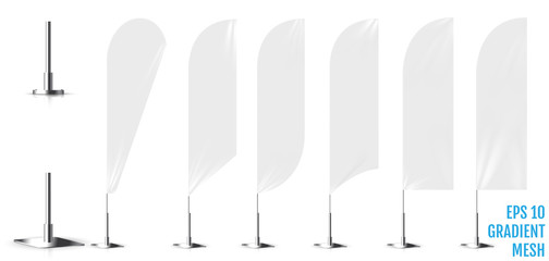 Realistic white banner flags 3d mockup. Textile waving advertisement banner flags.