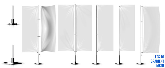 Realistic white banner flags 3d mockup. Textile waving advertisement banner flags.