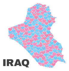 Mosaic Iraq map of lovely hearts in pink and blue colors isolated on a white background. Lovely heart collage in shape of Iraq map. Abstract design for Valentine decoration.