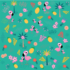 seamless pattern with flowers and flamingos