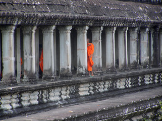 Buddhist monks inspect Ankor Wat