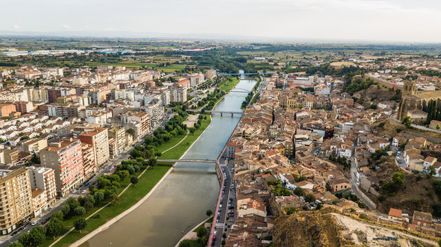Aerial view of Balaguer with the river Segre, La Noguera, (Province of Lleida, Catalonia, Spain)