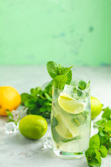 Mojito cocktail with lime and mint in highball glass