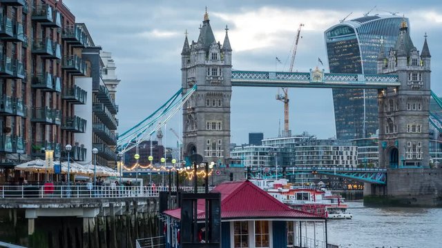 Tower Bridge from historic riverside street Shad Thames, time lapse. London, England