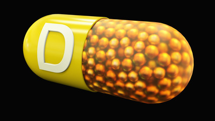 Yellow medicine capsule with vitamin D. Health and Medical 3d rendering