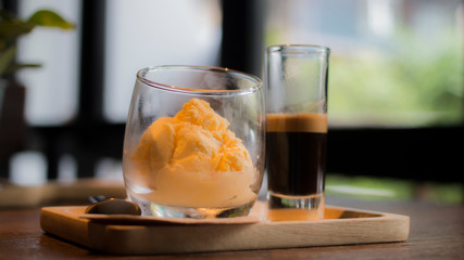 Espresso Affogato serve on wood plate.