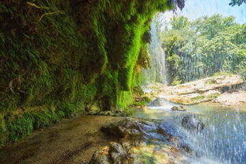 Jungle beautiful waterfall Mountain river stream - Landscape waterfall front of the cave green forest nature plant tree rainforest with rock stone
