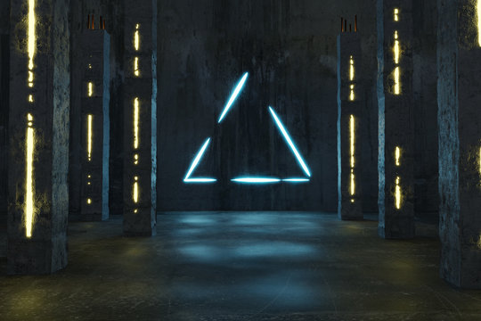 Fototapeta 3d rendering of blue lighten triangle shape next by concrete pillars and grunge floor with puddles