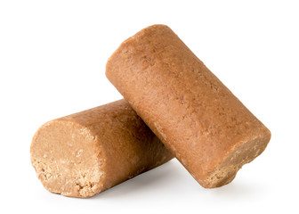 Two chocolate bars close up on a white. Isolated.