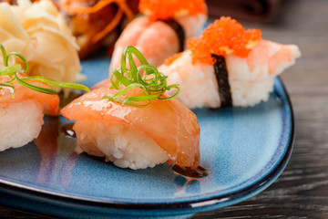 Macro view on salmon sushi