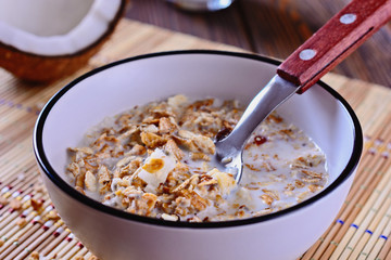 Healthy and tasty granola breakfast with coconut pieces and milk, closeup