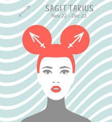 Sagittarius zodiac sign. Girl vector illustration. Astrology zodiac profile. Astrological sign as a beautiful women. Future telling, horoscope, alchemy, spirituality, occultism, fashion