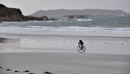 A man on his bike on the beach