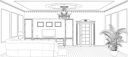 interior contour visualization, 3D illustration, sketch, outline
