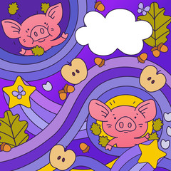 Background with pigs, acorns, apples, stars and leaves.Colored vector illustration in cartoon style.