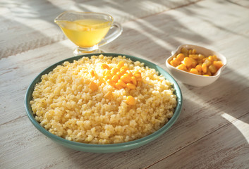 Healthy food. Organic corn porridge. Top view.