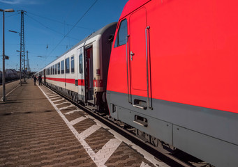 Red train in train station