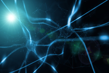 Artistic blue colored Neurons in brain on abstract  bright illustration background.