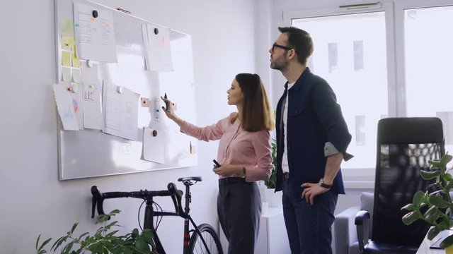 Two colleagues writing on whiteboard while brainstorming in startup hub office