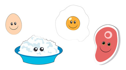 Different protein foods smiling together.   Smiling foods with faces: meat, eggs, cottage cheese