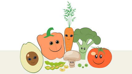 Different vegetables smiling together. Foods with faces. Healthy food