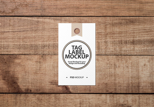 Tag Label on Wooden Surface Mockup