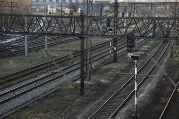 Naklejka premium Railway tracks, lines. Train tracks. Railroad. Railway infrastructure