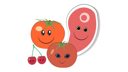 Healthy food red color: meat, cherry, tomato Smile foods sorted by color. Healthy foods color teams