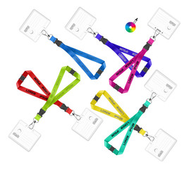 Set of different colorful lanyard and badge. Vector illustration on white background. Ready for your design. EPS 10.