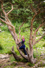 Adorable blonde girl in gray jacket siting jn the tree in the mountains