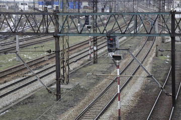 Railway tracks, lines. Train tracks. Railroad. Railway infrastructure. Winter