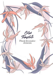 Fototapeta na wymiar Floral orchid wedding invitation card template design. Holiday card paper printable. wedding design template. Botanical blossom greeting card typography. Vintage background.