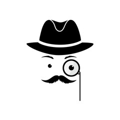 A mustache man in a hat and with a monocle. Secret agent in a bowler hat. Detective vector icon