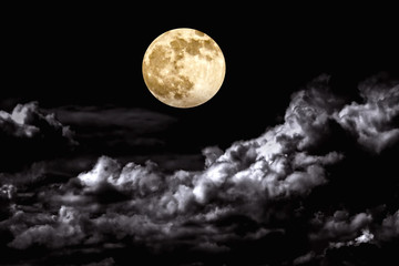 The mystical full Moon in the sky. Landscape night clouds. 
