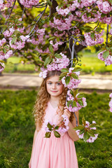 Obraz premium Pretty little girl with curly hair in pink dress walking in blossom cherry garden in sunny spring day