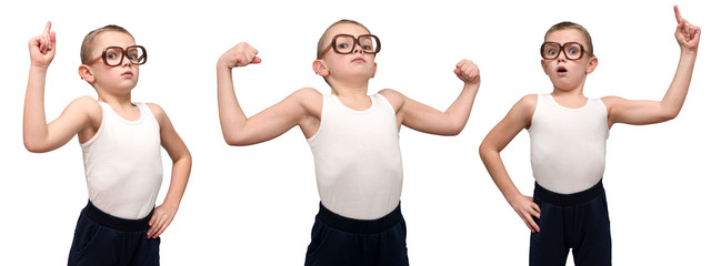 Portrait of a little clever boy with glasses.A little scientist.	Isolated on white background.Collage.