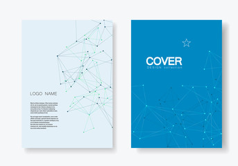 Brochure template layout and cover design with polygonal triangles and connected lines and dots