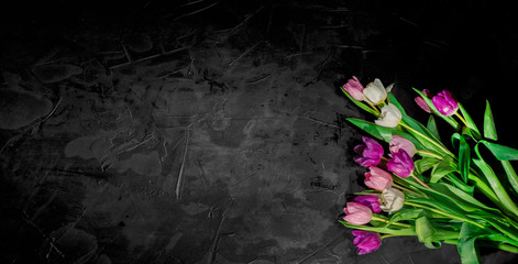 Beautiful bouquet of tulips on dark background. Spring flowers for Mother's Day, International Women's Day, birthday. Top view with space for your greetings © Andrii