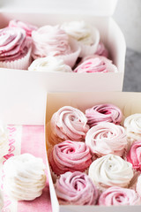 dessert zephyr marshmallows close up. Big zephyr sprinkled with powdered sugar. Valentine's Day concept. Food photography