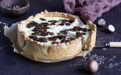 Quiche with champignons and cheese on dark brown concrete background. Savory tart with mushrooms. Cope space.
