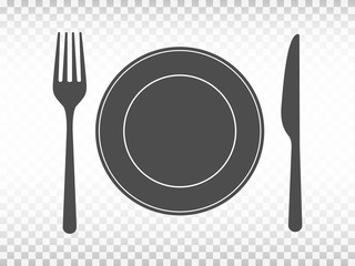 Plate with fork and knife on transparent background. Lunch concept in flat design. Restaurant icons. Tableware set on white backdrop. Menu design template. Vector illustration