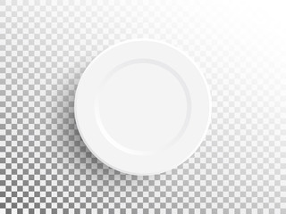 White plate isolated on transparent background. Realistic empty plate. Empty dish for food. Restaurant object template. Dishes top view on white backdrop. Vector illustration