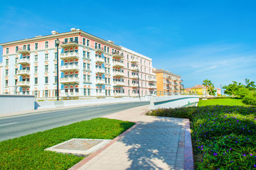 Colorful buildings in venetian style of the Qanat Quartier