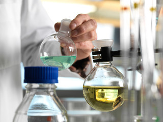 Scientist holding flask during an experiment in the laboratory
