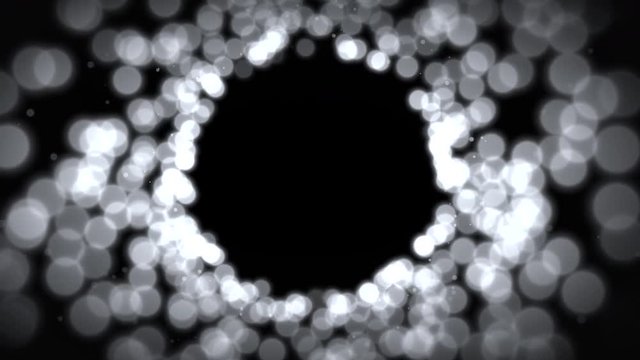 Beautiful abstract background with white particles moving towards the camera. Celebration and holiday background, funnel lights and shiny bokeh effect. 4k