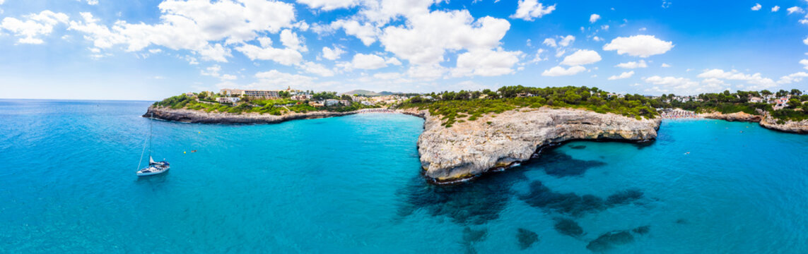 Spain, Baleares, Mallorca, Porto Cristo Novo, Aerial view of Cala Mendia, natural harbor