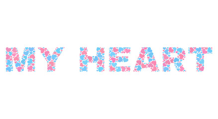 MY HEART text designed with random pink and blue lovely hearts. Text tag is isolated on a white background. Vector collage MY HEART for Valentine purposes.