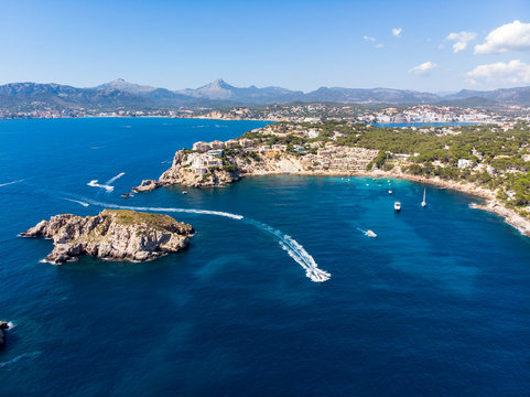 Spain, Baleares, Mallorca, Region Calvia, Aerial view of Islas Malgrats and Santa Ponca