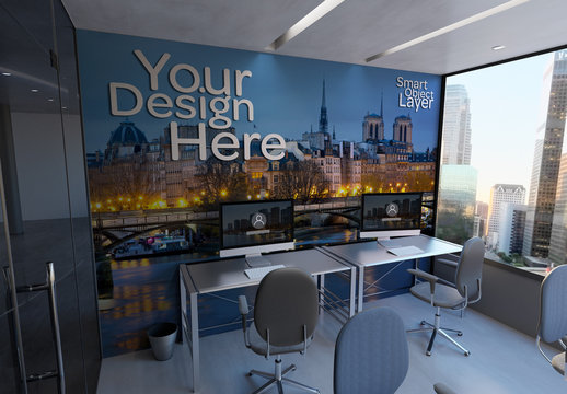 Office Wall and Desktop Computers Mockup
